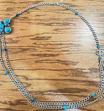 Load image into Gallery viewer, Chanel 07A 2007 Fall Turquoise Multi-Strand Tweed Crystal CC Silver Metal Necklace/Belt/Pin/Brooch