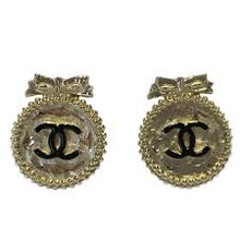 Load image into Gallery viewer, Chanel 12A Round CC Gold Metal Black Ribbon Clip On Earrings