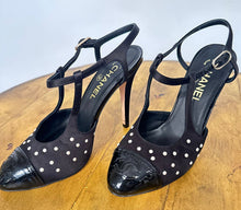 Load image into Gallery viewer, Chanel 18C 2018 Cruise Resort Satin Black Stiletto Pearl Slingback Heels EU 38C US 8/8.5