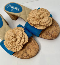 Load image into Gallery viewer, Chanel 12C 2012 Cruise Resort turquoise blue beige cork heel slides EU 38