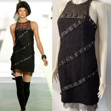Load image into Gallery viewer, Chanel 2003 Fall 03A Snap Collection Black Tweed Boucle Satin with Camellia lace dress US 4