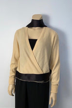Load image into Gallery viewer, 1980’s Chanel Vintage Light Yellow Black Bicolor Wrap Sweater w/satin ribbons US 4/6/8