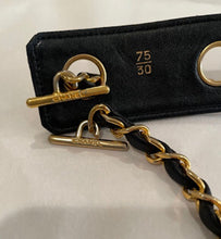 Load image into Gallery viewer, Vintage Chanel Belt Black Quilted Grommets Leather gold Chain Size 75/30