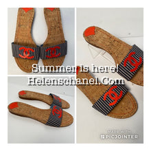 Load image into Gallery viewer, Chanel Stripe denim Summer Slides Orange CC Cork Sandals EU 39.5 US 8.5/9