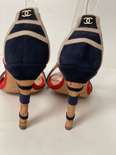 Load image into Gallery viewer, Chanel 08C, 2008 Cruise suede red white blue cork sandal strap Heels EU 37 US 6.5/7
