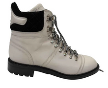 Load image into Gallery viewer, Chanel Black White Logo Lace Up Fall Winter Combat ankle Boots EU 36.5 US 6