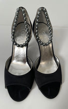 Load image into Gallery viewer, Chanel 2005 black peep toe silk Pearl Strap Heels EU 37 US 6.5/7