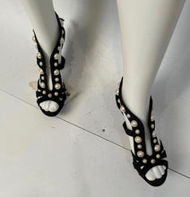Load image into Gallery viewer, Chanel Black Strap Sandal Heels Pearl Trim EU 37.5 US 6.5/7 Narrow