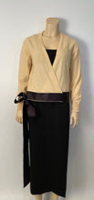 Load image into Gallery viewer, 1980’s Chanel Vintage Light Yellow Black Bicolor Wrap Sweater w/satin ribbons US 4/6/8