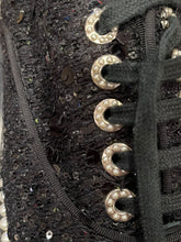 Load image into Gallery viewer, Chanel 17P 2017 Spring Black sequined Lace Up Tennis type  Shoes with contemporary thick soles and  pearl trim. EU 39.5 US 9/9.5