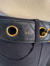 Load image into Gallery viewer, Vintage Chanel Belt Black Quilted Grommets Leather gold Chain Size 75/30