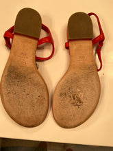 Load image into Gallery viewer, Chanel Red Leather Thong Camellia Flower Pearl Sandals EU 37.5C US 7 Wide