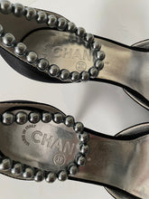 Load image into Gallery viewer, Chanel 2005 black peep toe silk Pearl Strap Heels EU 37 US 6.5/7