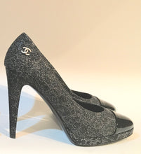 Load image into Gallery viewer, NIB New In Box Chanel Dark Silver Glitter patent platform Heel Pumps 2013, 13K ‘World Map’ Collection EU 38.5 US 7.5/8