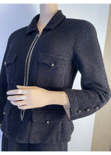 Load image into Gallery viewer, Rare Chanel Black Tweed Textured Skirt Suit w Chains/Zippers FR 44 US 8/10