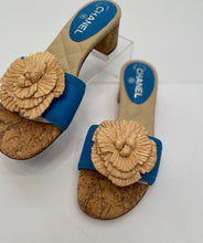 Load image into Gallery viewer, Chanel 12C 2012 Cruise Resort turquoise blue beige cork heel slides EU 38