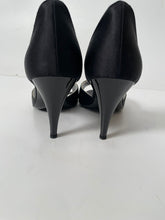 Load image into Gallery viewer, Chanel 2005 black peep toe silk Pearl Strap Heels EU 37 US 6.5/7