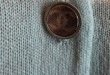 Load image into Gallery viewer, Chanel 17P 2017 Spring Pastel Sea foam Blue Short Sleeved Cashmere Cardigan Sweater Top Metal Lions Heads Blouse FR 36 US 4/6