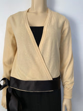 Load image into Gallery viewer, 1980’s Chanel Vintage Light Yellow Black Bicolor Wrap Sweater w/satin ribbons US 4/6/8