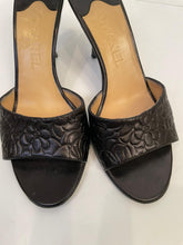 Load image into Gallery viewer, Chanel Black Leather Camellia Heel Slides EU 39 US 8.5 Wide
