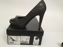 Load image into Gallery viewer, NIB New In Box Chanel Dark Silver Glitter patent platform Heel Pumps 2013, 13K ‘World Map’ Collection EU 38.5 US 7.5/8