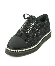 Load image into Gallery viewer, Chanel 17P 2017 Spring Black sequined Lace Up Tennis type  Shoes with contemporary thick soles and  pearl trim. EU 39.5 US 9/9.5