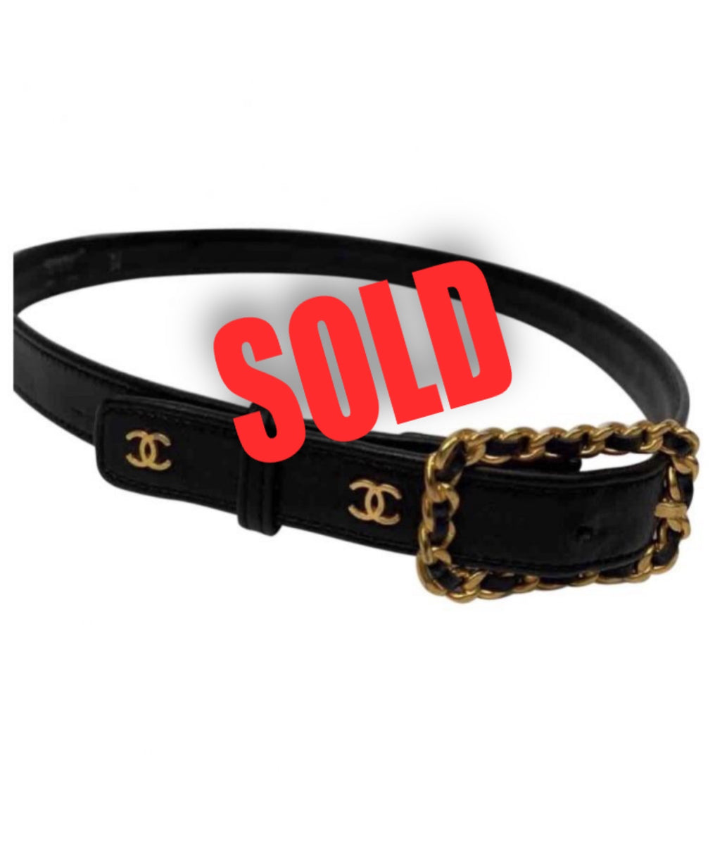 96C Chanel Vintage Rare Black Leather CC Logos Belt Sz 65/26 