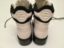 Load image into Gallery viewer, Chanel Black White Logo Lace Up Fall Winter Combat ankle Boots EU 36.5 US 6