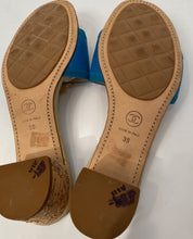 Load image into Gallery viewer, Chanel 12C 2012 Cruise Resort turquoise blue beige cork heel slides EU 38