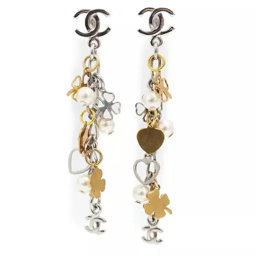 Chanel 06A Lucky Heart Charm Pearl Dangle Silver Gold Earrings