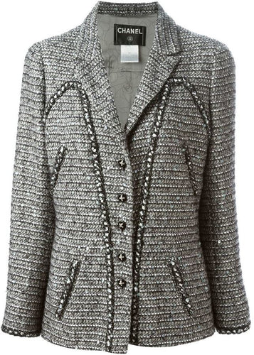 Chanel 06A 2006 Fall Gray Black Sequined Tweed Jacket Blazer FR 44 US 8/10