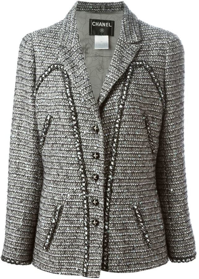Chanel 06A 2006 Fall Gray Black Sequined Tweed Jacket Blazer FR 44 US 8/10