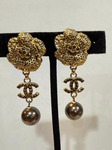 Chanel 06A Camellia CC Gold Crystal Clip On Earrings
