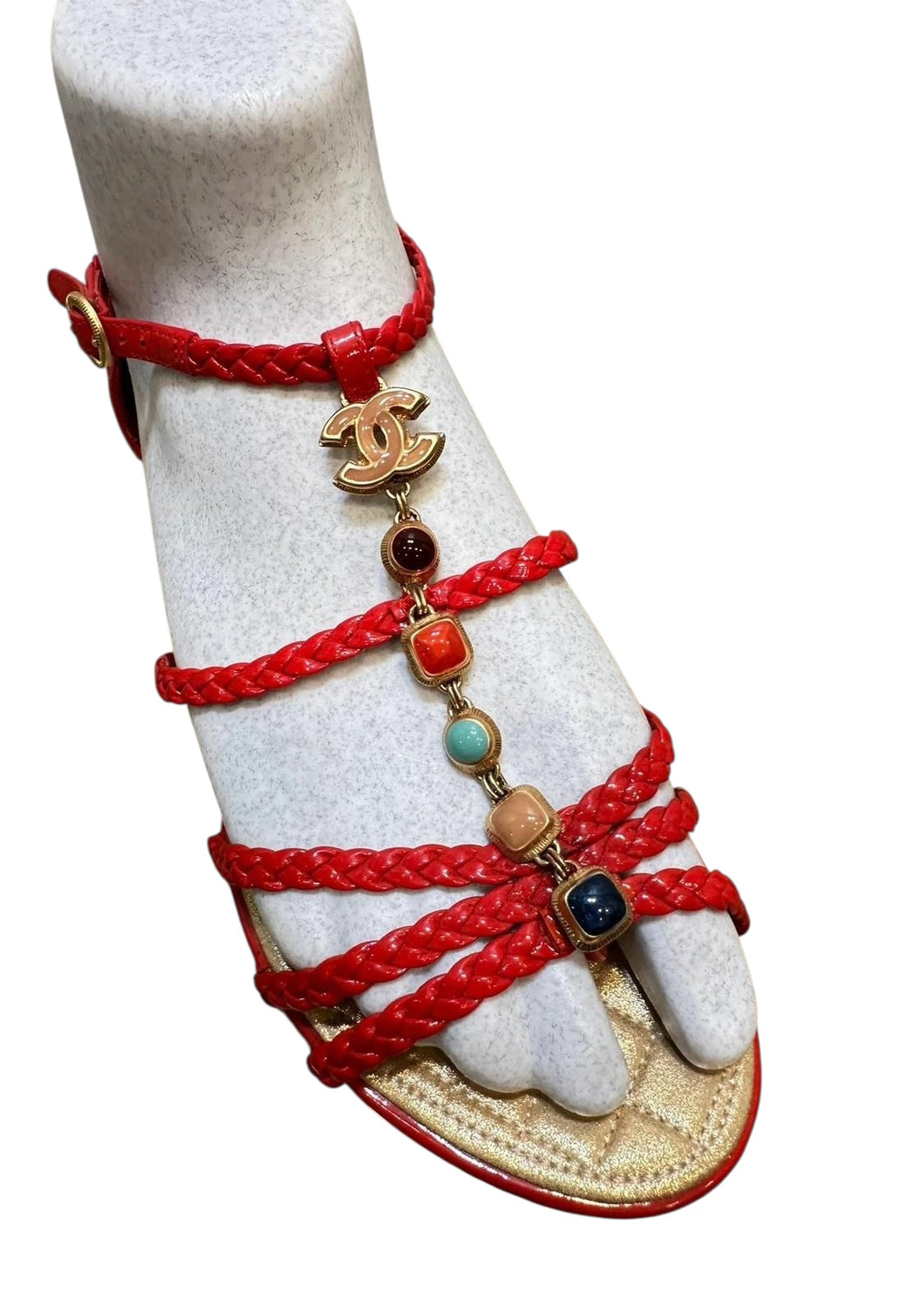 Chanel Red Patent Leather Cabochon Stones CC Charm Sandals EU 37 US 6/6.5