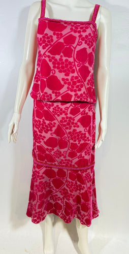 Rare Vintage Chanel 2001 Cruise 01C Pink Velvet Floral 2 Piece Top Matching Skirt Set FR 40/42 US 6/8