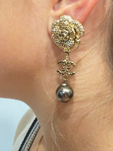 Load image into Gallery viewer, Chanel 06A Camellia CC Gold Crystal Clip On Earrings