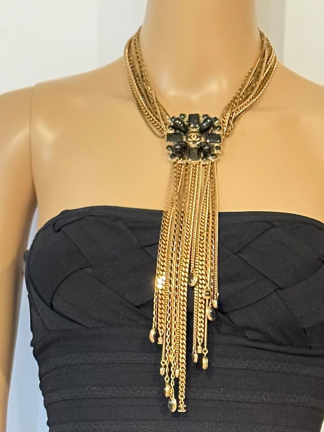 Rare Chanel 11P Runway CC Gripoix Gold Metal Extra Long Chains Necklace
