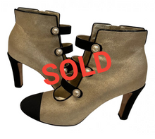 Load image into Gallery viewer, Chanel 2018 Gold Black Cap Toe Leather Pearl Button Bootie Boots Heels EU 41 US 9.5/10