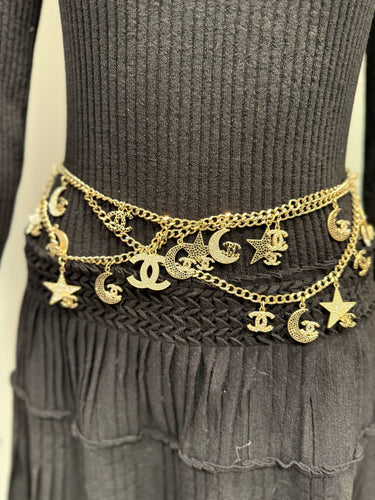 Rare Chanel 08P 2008 Spring Runway Stars Moon Gold Crystals Belt/Necklace