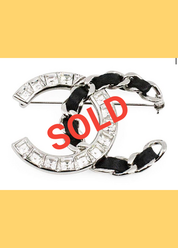 Chanel 2018 Black Woven Lambskin CC Crystal Baguette Pin Brooch