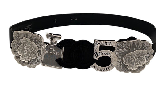 Rare Chanel 06P Black White Camellia Charms Icons Belt