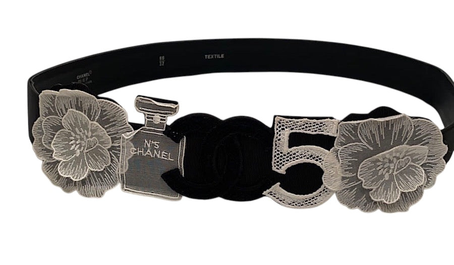 Rare Chanel 06P Black White Camellia Charms Icons Belt