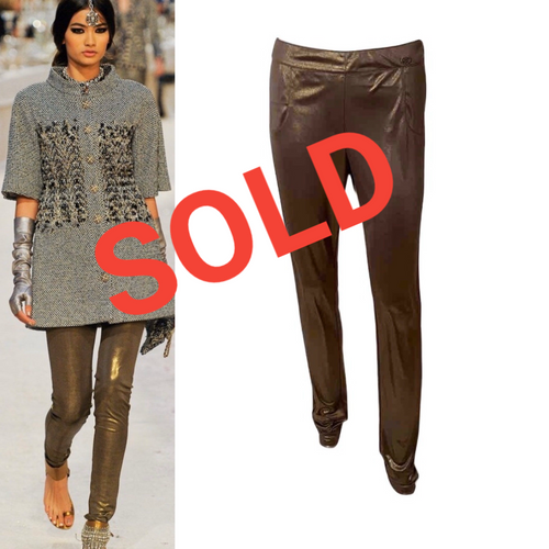 Chanel 12A, 2012 Paris Bombay Fall Stretchy Gold Metallic Pants Leggings FR 38 US 4/6