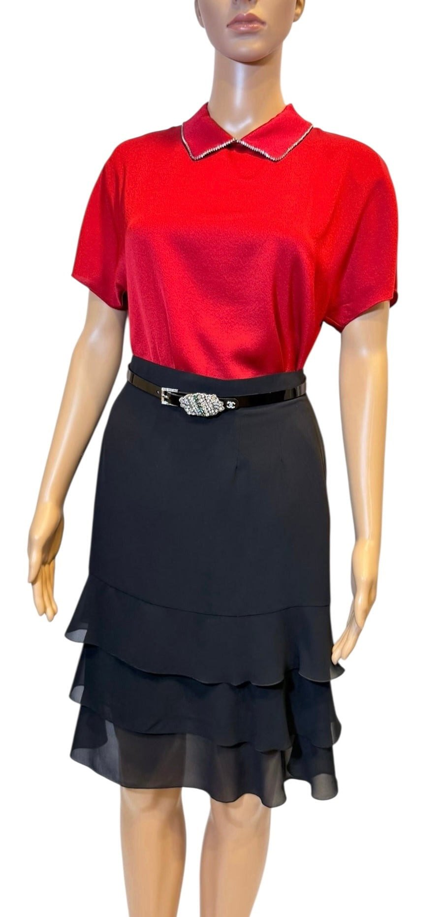 Chanel 09A Paris-Moscow Red Silk Crystal Polo Blouse FR 38