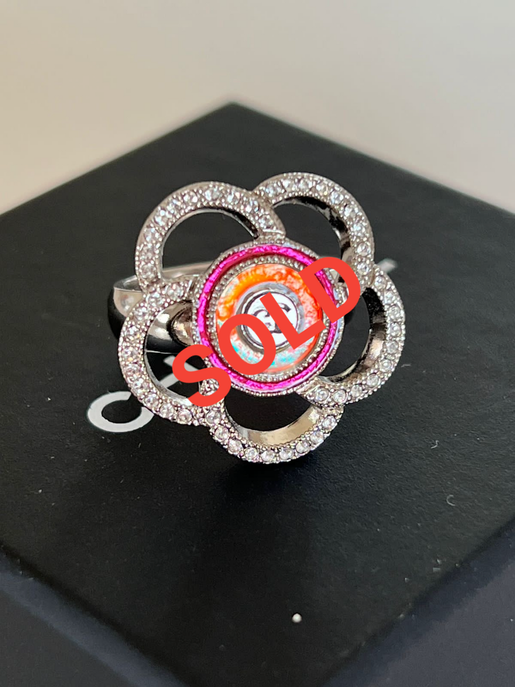 Chanel 17S 2017 Spring Summer Camellia Flower Crystals Ring Size 6 3/4