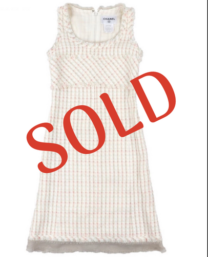 Chanel Vintage 04C 2004 Cruise Resort Ivory multicolor Pink Tweed Fringe Dress FR 42 US 6-8