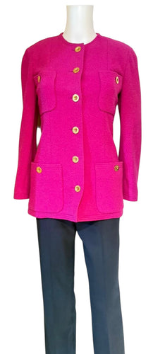 80’s/90’s Vintage Chanel Bright Pink Boucle Wool Long Jacket FR 36