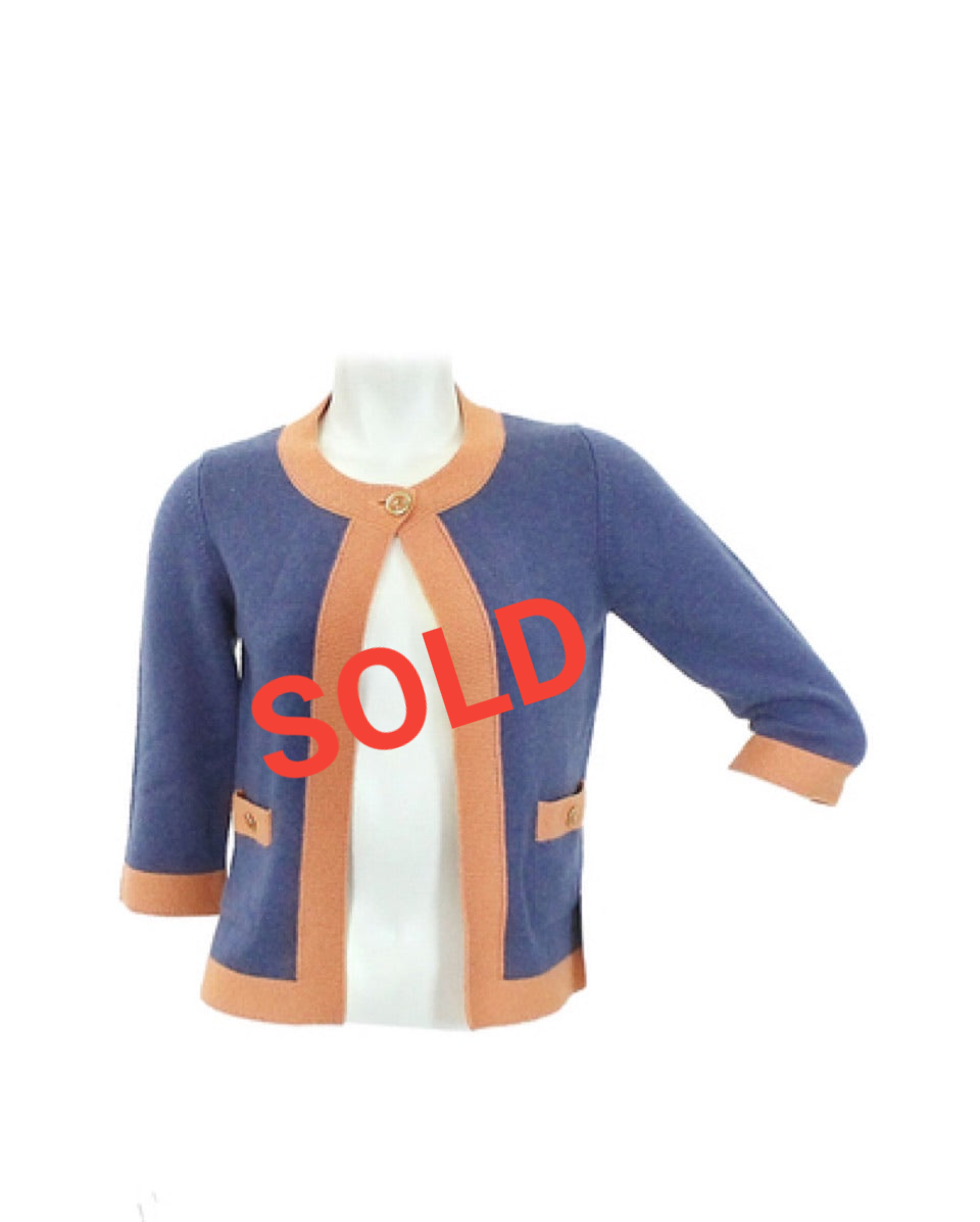 Chanel 07P 2007 Spring Dusty Blue Peach Trim Cashmere Cardigan Sweater FR 38 US 4