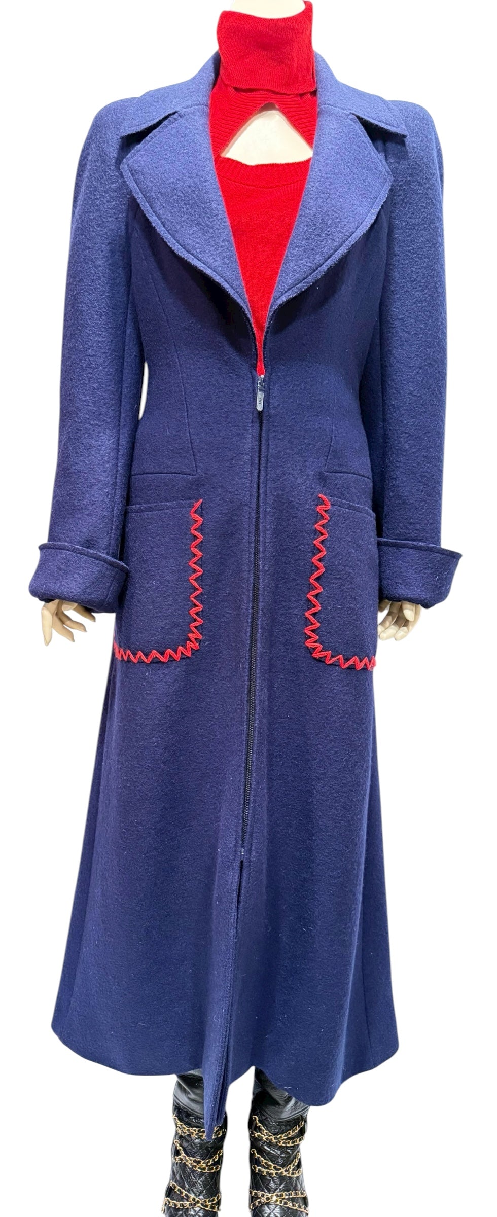 Chanel Vintage 97A 1997 Fall Navy Blue Red Trim Long Heavy Wool Winter Coat FR 38 US 4