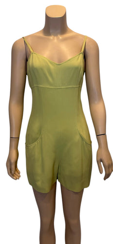 97P, 1997 Spring Vintage Chanel Boutique Lime Green Jumpsuit Shorts Romper FR 38 US 6/8